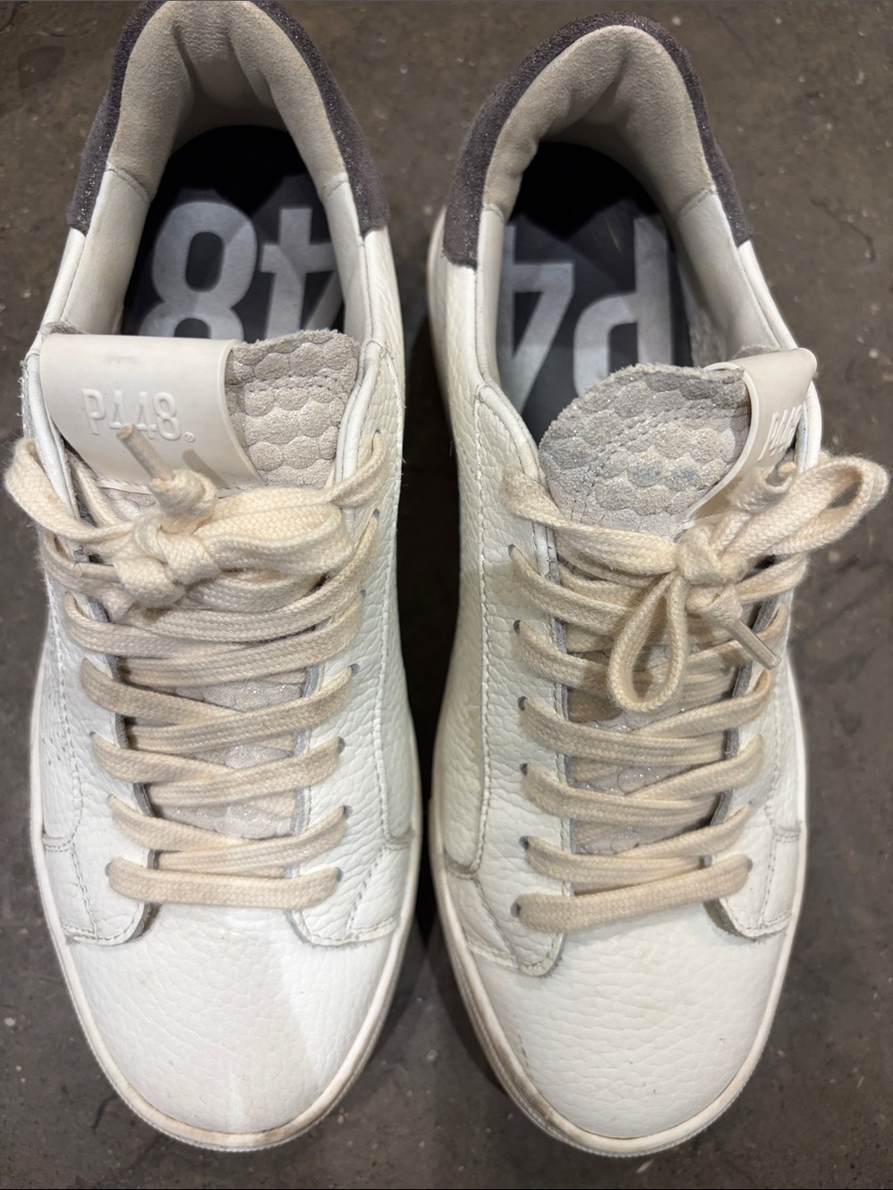 P448 Women’s Off white Laces & White Leather Low-Top Sneakers with Gray Heel